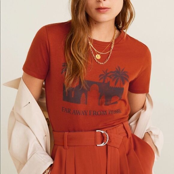 Mango burnt orange organic cotton graphic T-shirt with palm trees size XXS - Picture 1 of 7